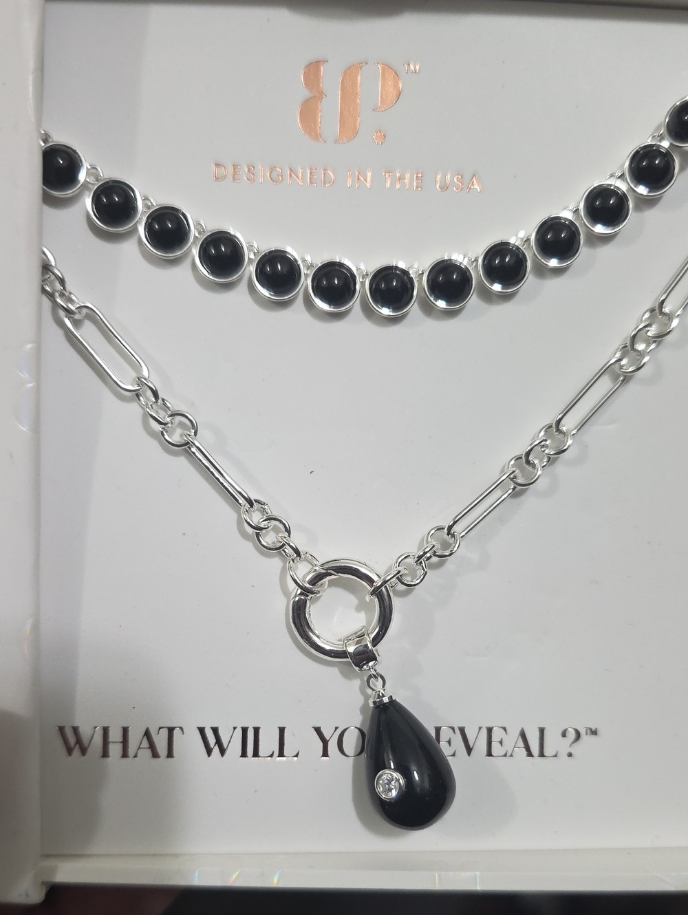 bp Style Council Elite Rhodium Layered Necklace with Black Teardrop